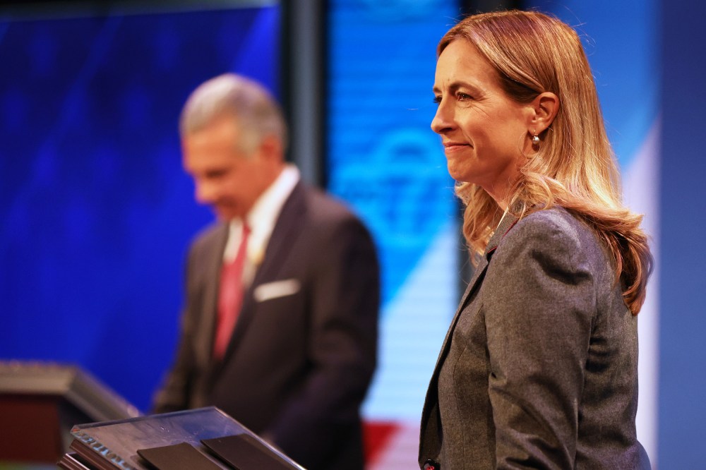 Jack Ciattarelli, left, and Mikie Sherrill at the final debate in the governor's race in New Brunswick, N.J., on Oct. 8, 2025.