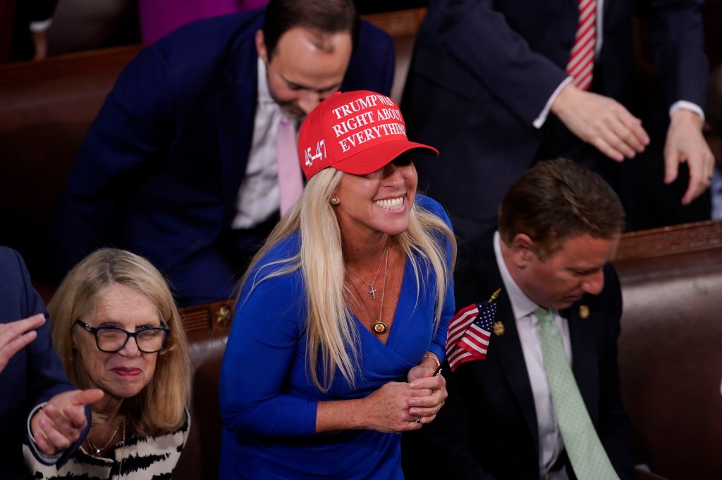 Rep. Marjorie Taylor Greene in the Capitol on March 4, 2025, wearing a hat that says 