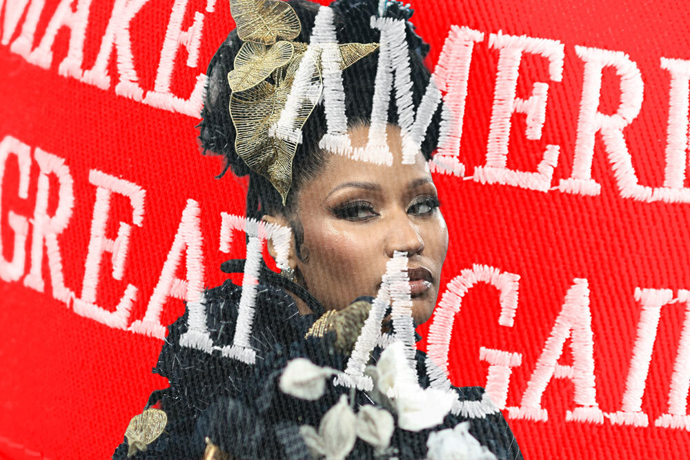 A photo illustration of Nicki Minaj and a "Make America Great Again" hat.