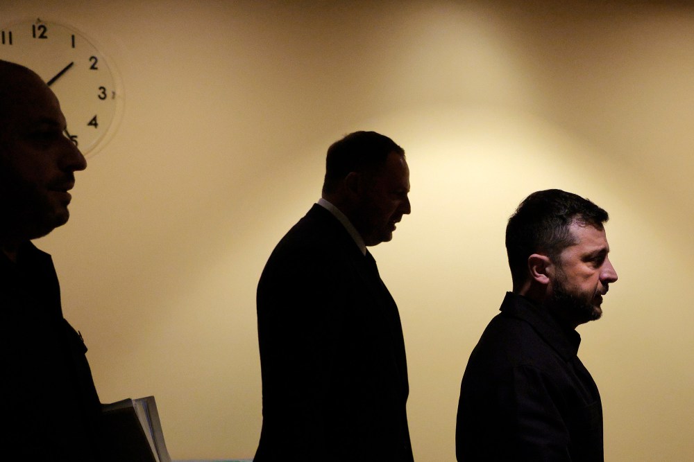 Volodymyr Zelenskyy walks to a bilateral meeting with Donald Trump at the United Nations General Assembly.