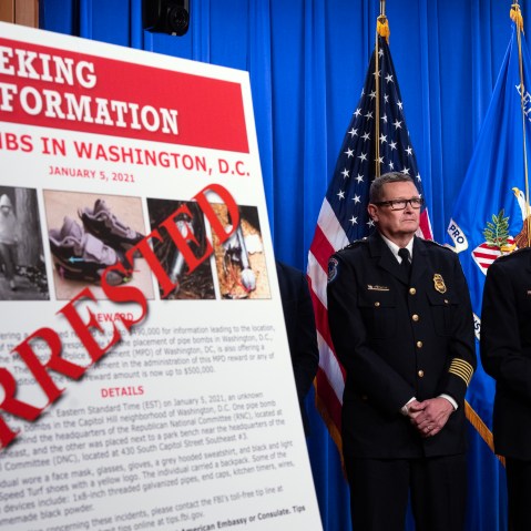U.S. Capitol Police Chief Michael Sullivan and Washington’s Metropolitan Police Chief Pamela Smith attend a news conference at the Justice Department on Dec. 4, 2025, announcing the arrest of Brian Cole Jr.