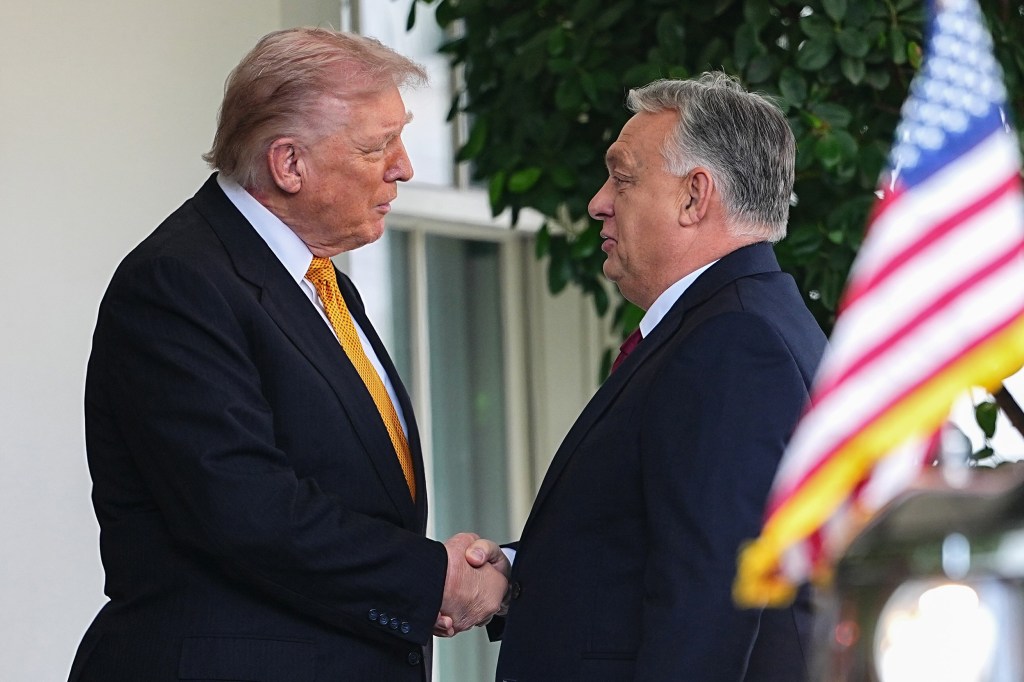 President Donald Trump, left, and Viktor Orban, Hungary's prime minister, shake hands outside the White House.