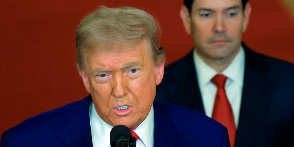 President Donald Trump addresses the nation alongside Secretary of State Marco Rubio from the White House on June 21, 2025.