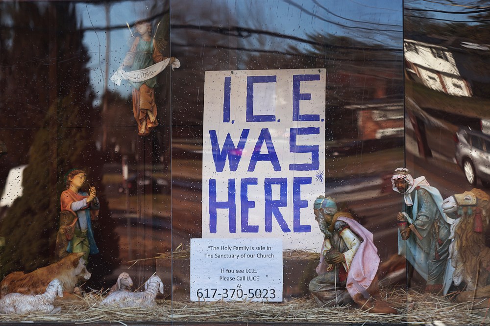The Nativity scene at St. Susanna Parish displays a sign that reads "ICE WAS HERE" on Dec. 3, 2025.