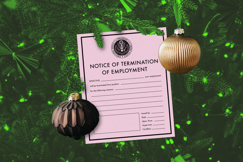 A photo illustration of a pink slip hanging among ornaments on a Christmas tree