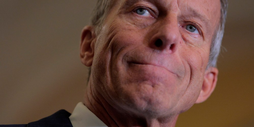 Senate Majority Leader John Thune (R-SD) speaks to reporters