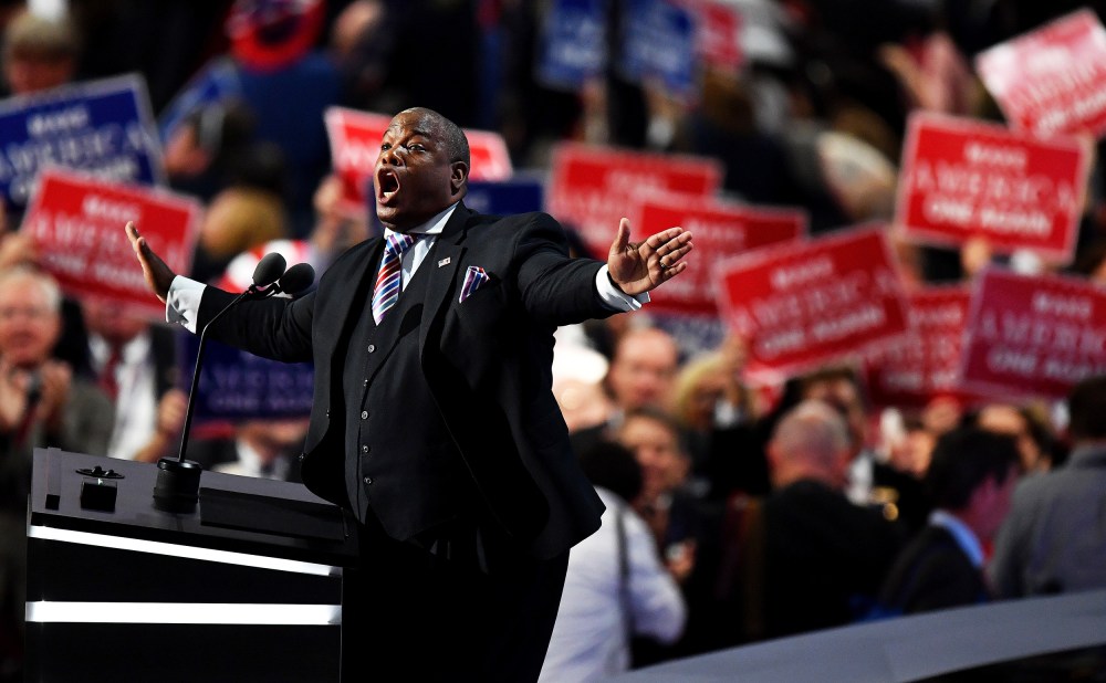 Pastor Mark Burns gestures as he delivers a speech at the Republican National Convention in Cleveland, O.H., on July 21, 2016.