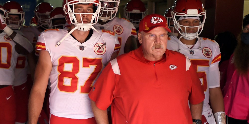 Head Coach Andy Reid, Travis Kelce #87 and Patrick Mahomes #15 of the Kansas City Chiefs look on before taking the field against the Washington Football Team.