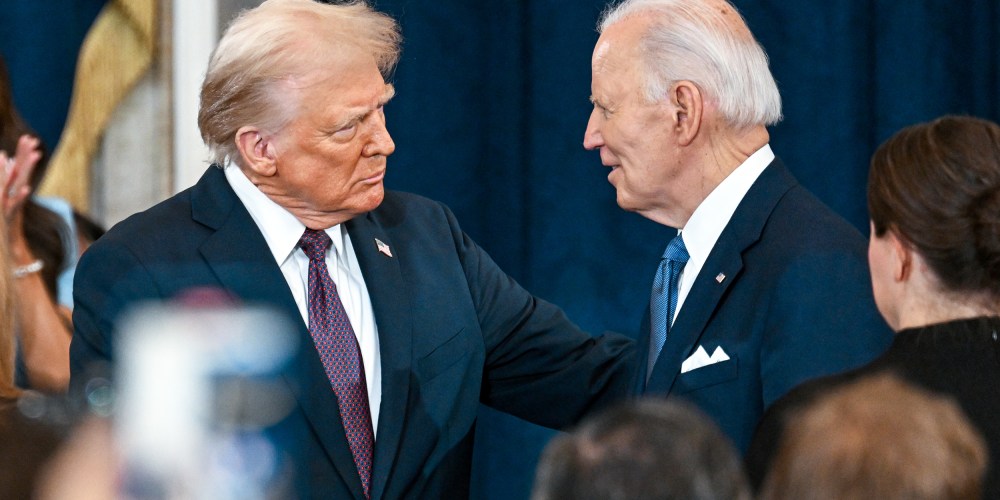 Donald Trump shakes hands with Joe Biden at Trump's inauguration on Jan. 20, 2025 in the U.S. Capitol Rotunda.