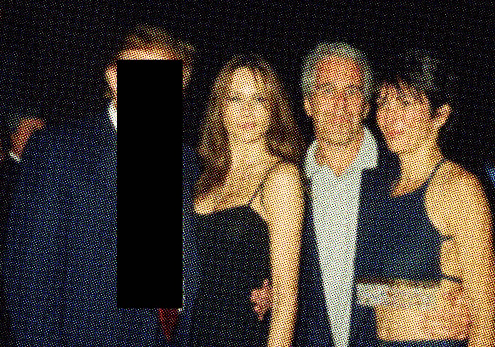 A photo illustration featuring Donald Trump (covered with a black redacted box), Melania Knauss, Jeffrey Epstein and Ghislaine Maxwell together at the Mar-a-Lago club, Palm Beach, F.L., on Feb. 12, 2000.