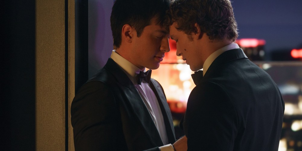 Hudson Williams, left, as Shane Hollander and Connor Storrie as Ilya Rozanov with their foreheads touching