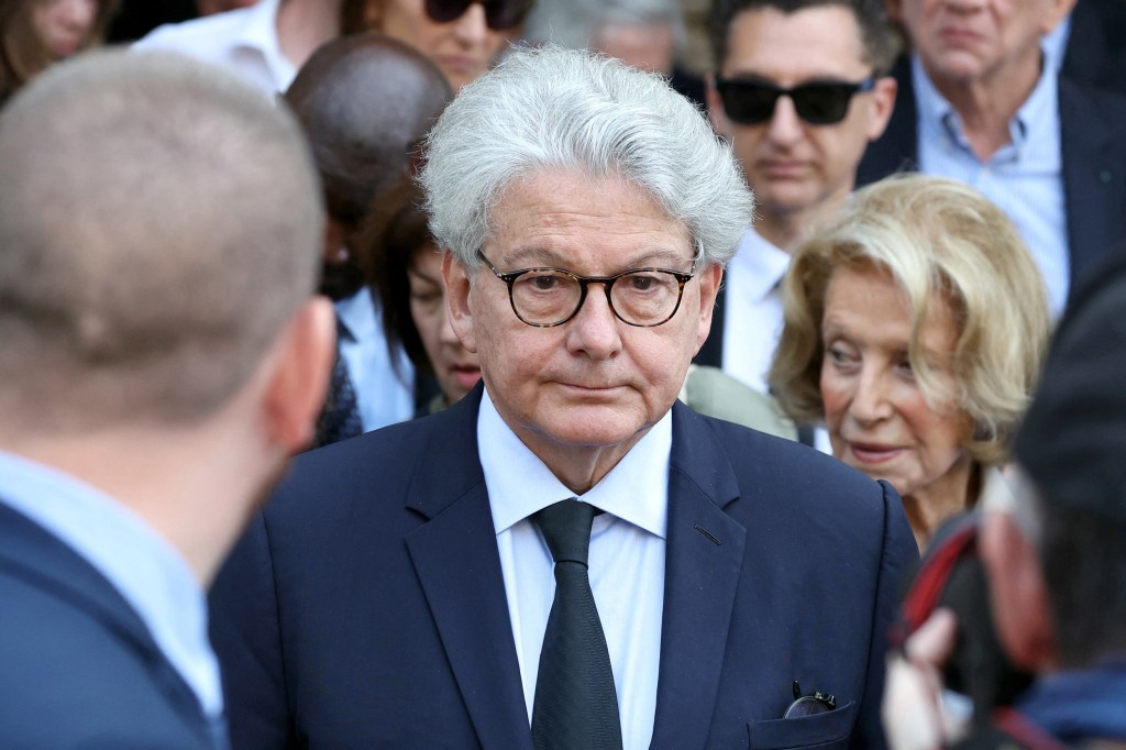 Former European Commissioner for the Internal Market Thierry Breton attends the funeral of the late French journalist Philippe Labro.