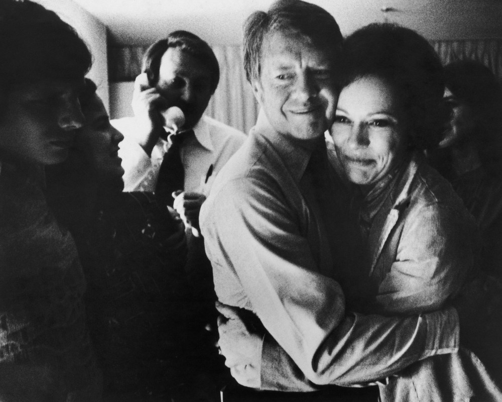President Jimmy Carter passed away one year ago today. Here, the 1976 Democratic nominee and his wife, Rosalynn, receive word that he won the presidency.