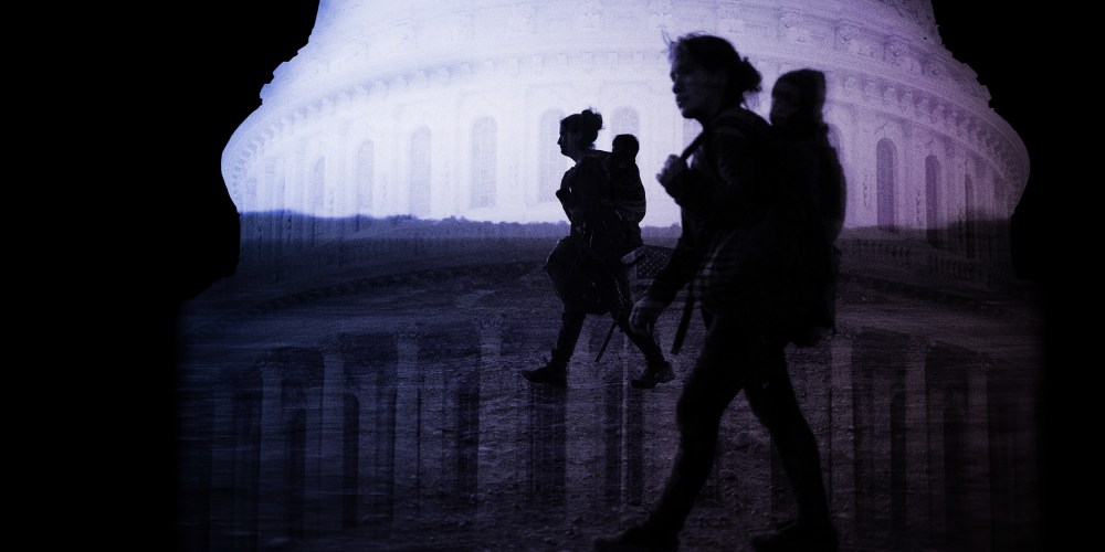 Photo illustration of an image of asylum seeking mothers carrying their children juxtaposed over the U.S. Capitol.