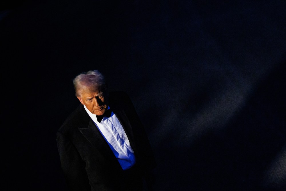 President Donald Trump dressed in a tux from an elevated angle.