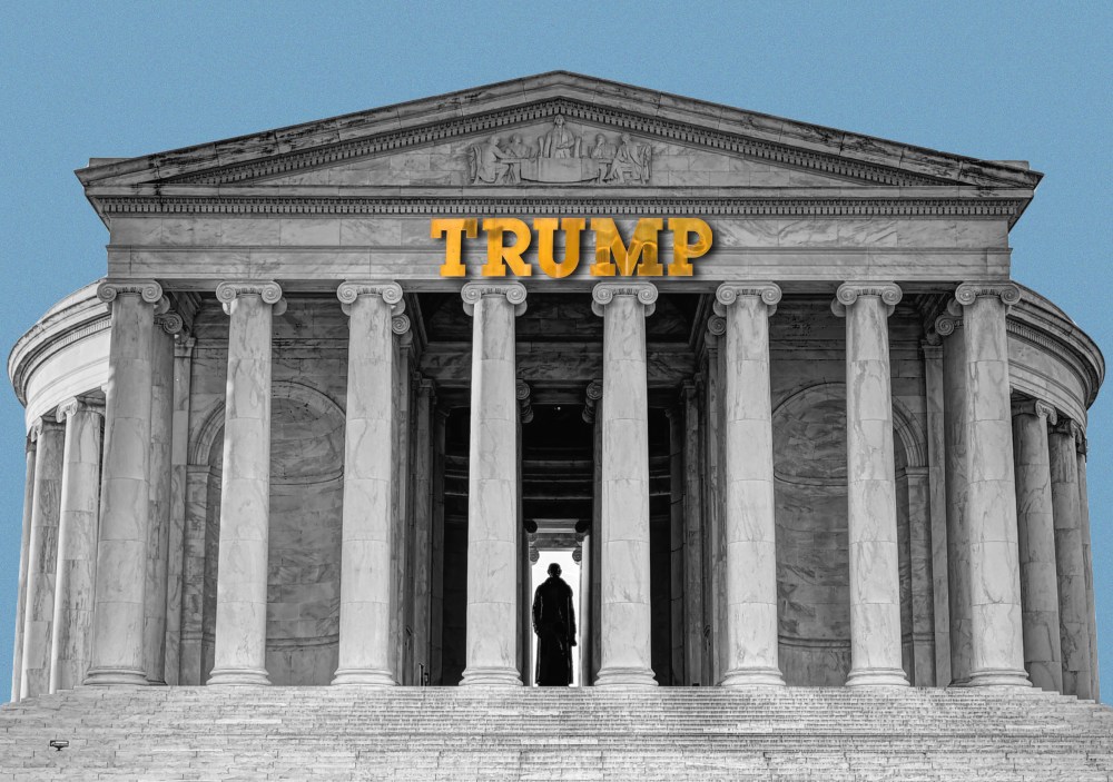 A photo illustration featuring the Jefferson Memorial with Trump's name in gold on top.