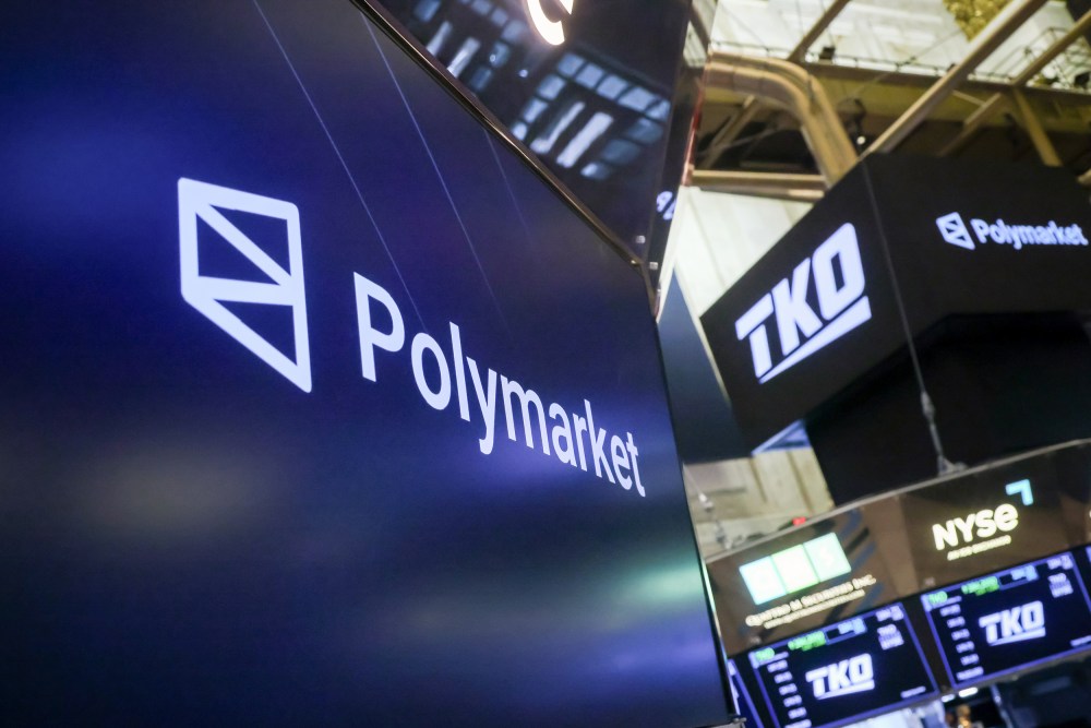 Polymarket signage is seen at the New York Stock Exchange.