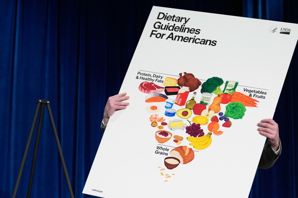 A person's hands are seen holding a display showing the newly announced food pyramid.