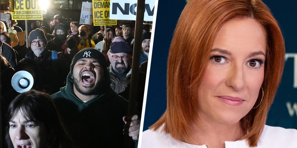 This is a split image. On the left, protestors yell against ICE. On the right is Jen Psaki.