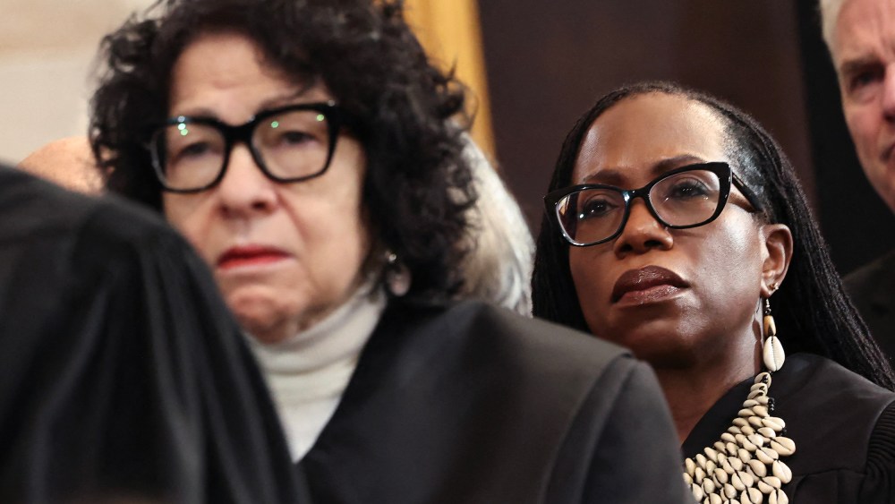 Supreme Court Justices Sotomayor and Jackson stand behind Chief Jutice Roberts during President Trump's inauguration for his second term in the office.