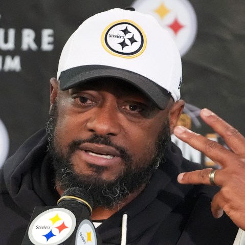 Former Pittsburgh Steelers head coach Mike Tomlin talks with reporters on Jan. 12, 2026 in Pittsburgh.