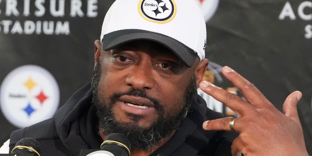 Former Pittsburgh Steelers head coach Mike Tomlin talks with reporters on Jan. 12, 2026 in Pittsburgh.