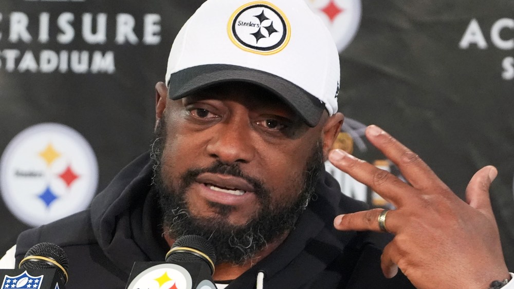 Former Pittsburgh Steelers head coach Mike Tomlin talks with reporters on Jan. 12, 2026 in Pittsburgh.