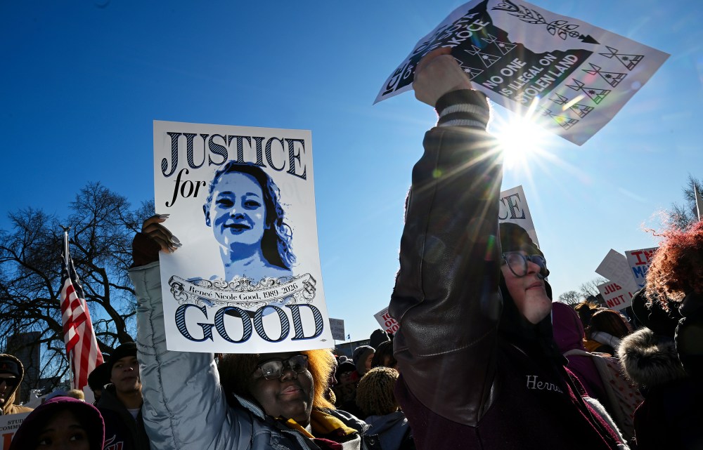 A high school protest of the fatal shooting of Renee Good and federal agents on Jan. 14, 2026 in St Paul, MN.