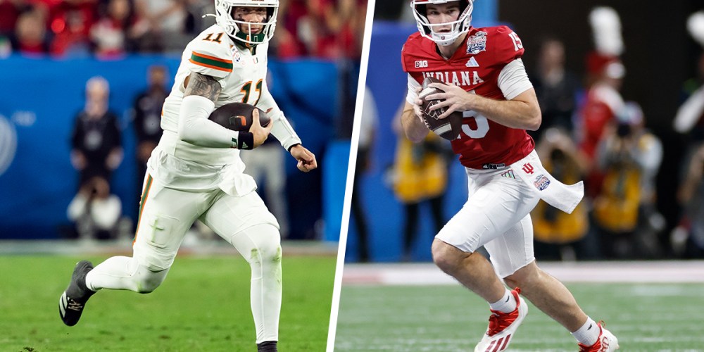 Two photos side by side. On the left, the quarterback of the Miami Hurricanes running to the right holding a football; on the right, the quarterback of the Indiana Hoosiers running to the left holding a football.