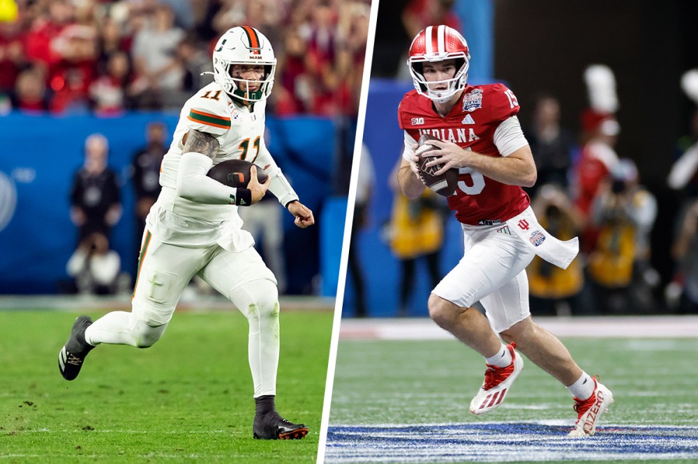 Two photos side by side. On the left, the quarterback of the Miami Hurricanes running to the right holding a football; on the right, the quarterback of the Indiana Hoosiers running to the left holding a football.