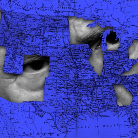 A United States map in blue shows President Trump through the blue state holes that voted for Biden in 2020.
