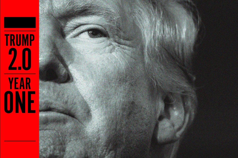 An extreme close up of Donald Trump and a bar of text that reads "Trump 2.0 Year One"