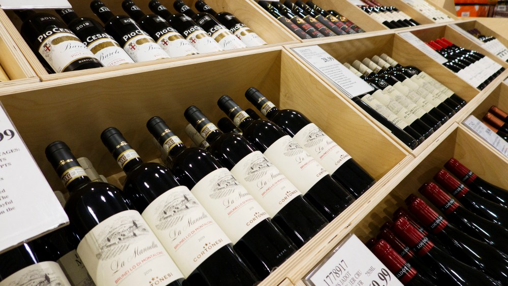 Bottles of wine are displayed on April 25, 2025 at a Costco Wholesale store in San Diego.