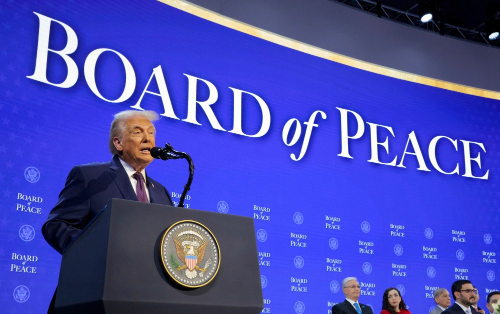President Donald Trump presents the “Board of Peace” at the World Economic Forum (WEF) on Jan. 22, 2026 in Davos, Switzerland.