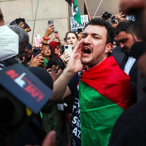 Mahmoud Khalil marches with supporters after he was released from ICE detention during a rally on June 22, 2025 in New York City.