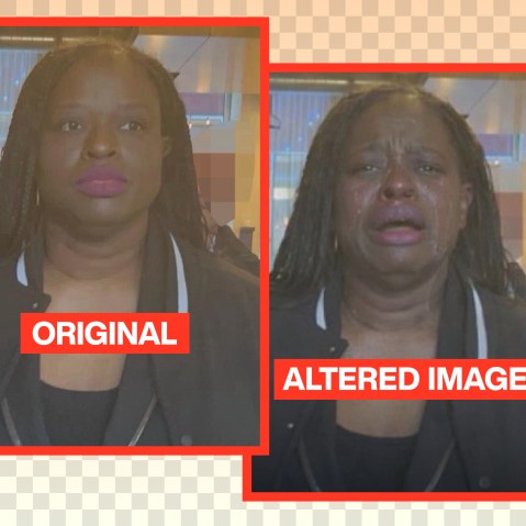 Two images showing a woman being arrested; in the original the woman shows no emotion, and in the AI-altered image she is crying.