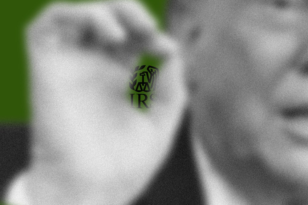 A photo illustration showing the IRS logo behind Trump's pinched fingers