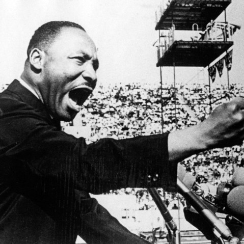 American civil rights and religious leader Dr. Martin Luther King Jr. (1929 - 1968) gestures emphatically during a speech at a Chicago Freedom Movement rally in Soldier Field, Chicago, Illinois, July 10, 1966.