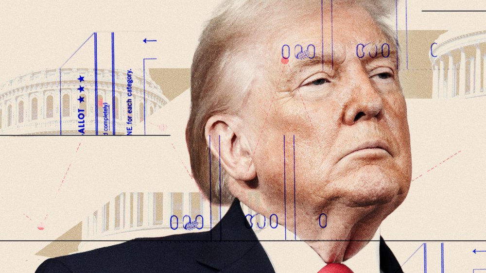 Trump overlaid on a graphic of the Capitol building and ballots.