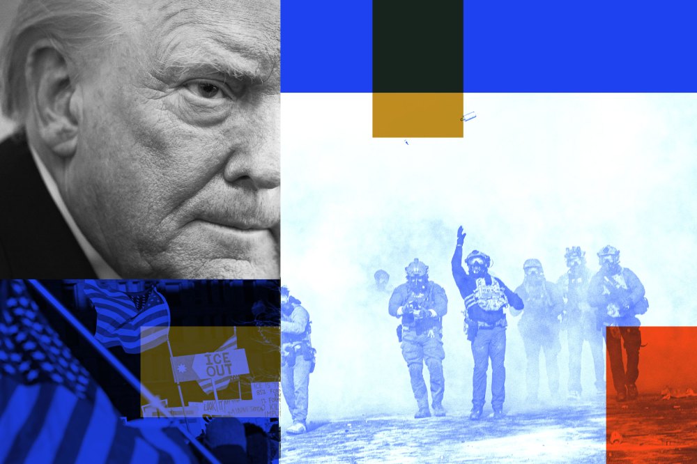 A photo collage of Donald Trump, ICE agents throwing tear gas, and signs protesting ICE