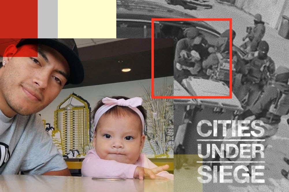 A collage showing a father and his 2-year-old daughter, and security camera footage of the girl being arrested by immigration officers