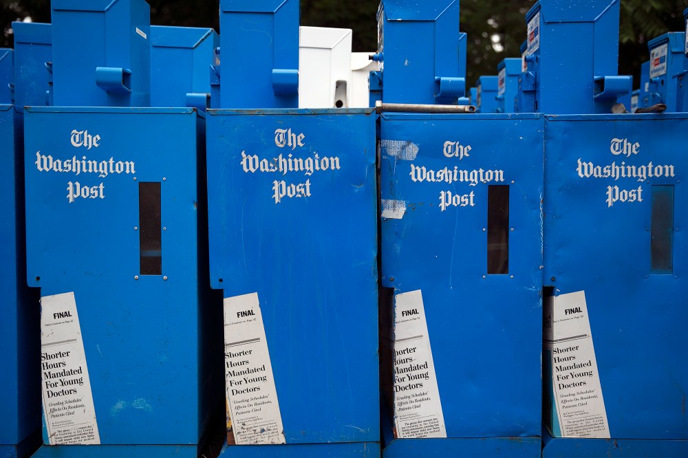Unused Washington Post newspaper boxes sit near the Washington Post newspaper production facility in Springfield, VA.