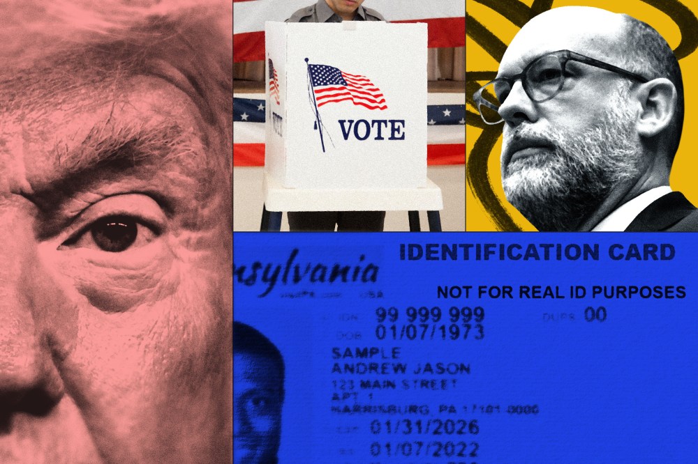 A stylized collage of Donald Trump, Russell Vought, a sample ID Card, and a voting booth.