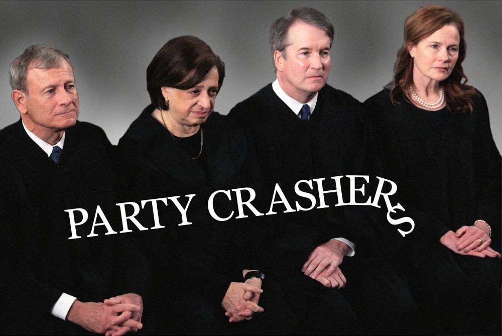 Supreme Court Chief Justice John Roberts, Associate Justice Elena Kagan, Associate Justice Brent Kavanaugh and Associate Justice Amy Coney Barrett attend the State of the Union address during a Joint Session of Congress at the U.S. Capitol on February 24, 2026, in Washington, DC. PARTY CRASHERS is written across the picture.