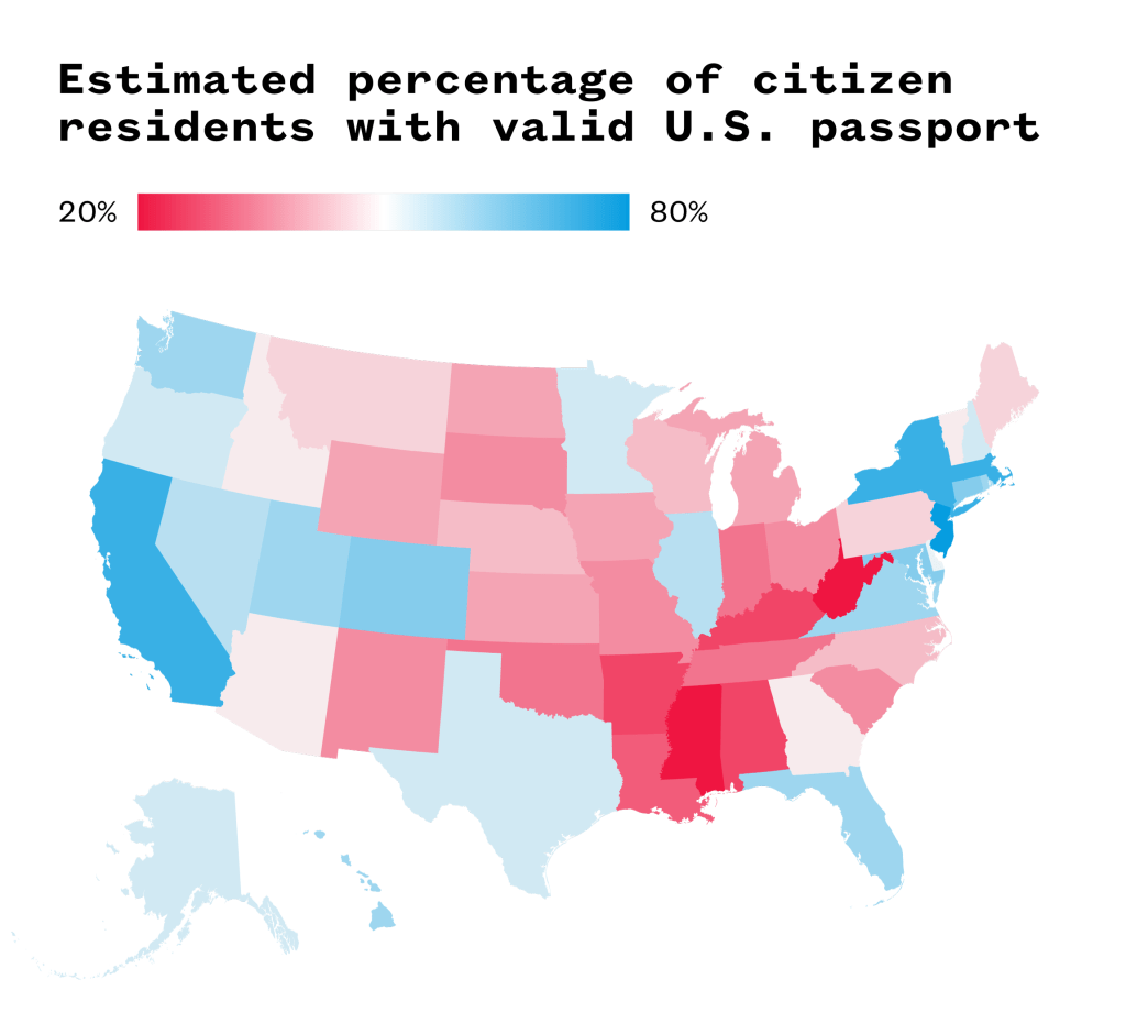 A map of the U.S. illustrating the estimated percentage of citizen residents with a valid U.S. passport.