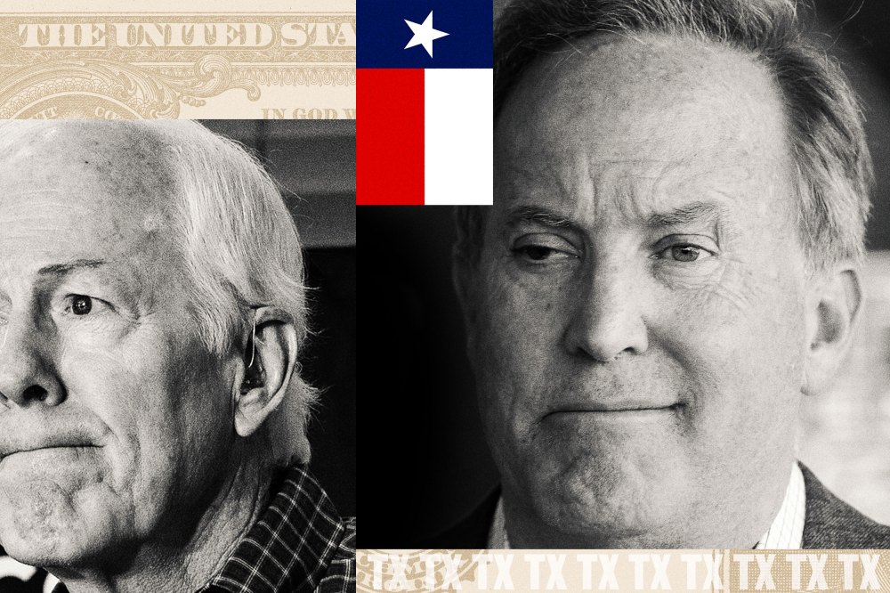 Photoillustration featuring side-by-side portraits of John Cornyn and Ken Paxton separated by the Texas state flag, with a U.S. currency fragment at the top and a repeating "TX" pattern along the bottom.