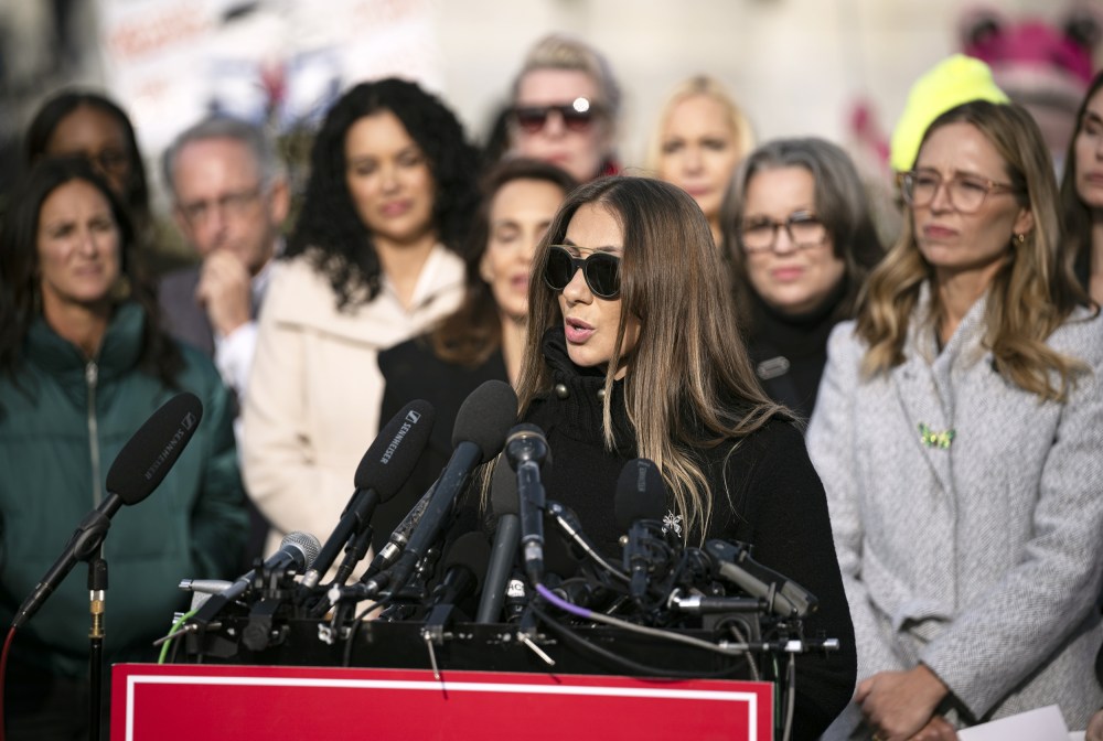 Epstein abuse survivor Marina Lacerda speaks during the press conference on the Epstein Files Transparency Act.