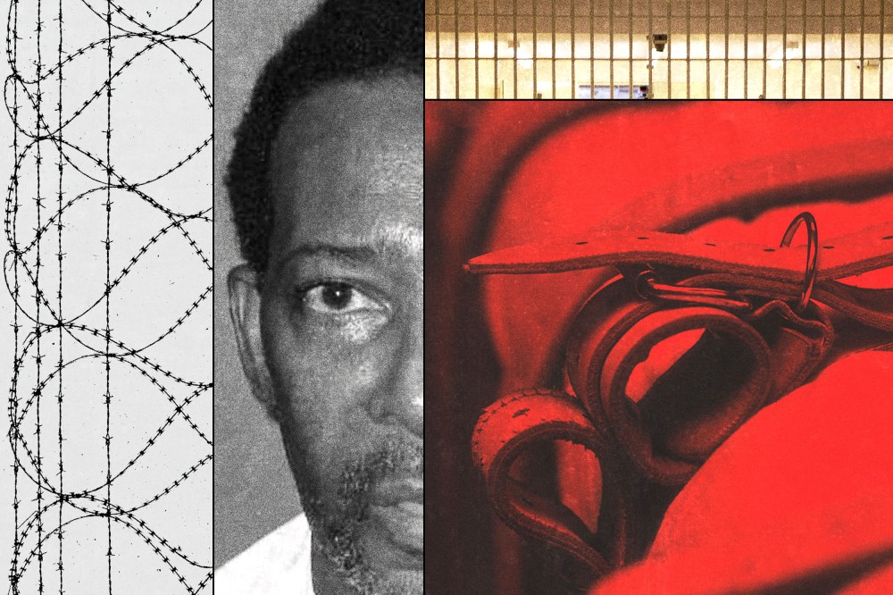 A photo collage of a man surrounded by images of barbed wire, a hospital bed with restraints, and a jail cell.