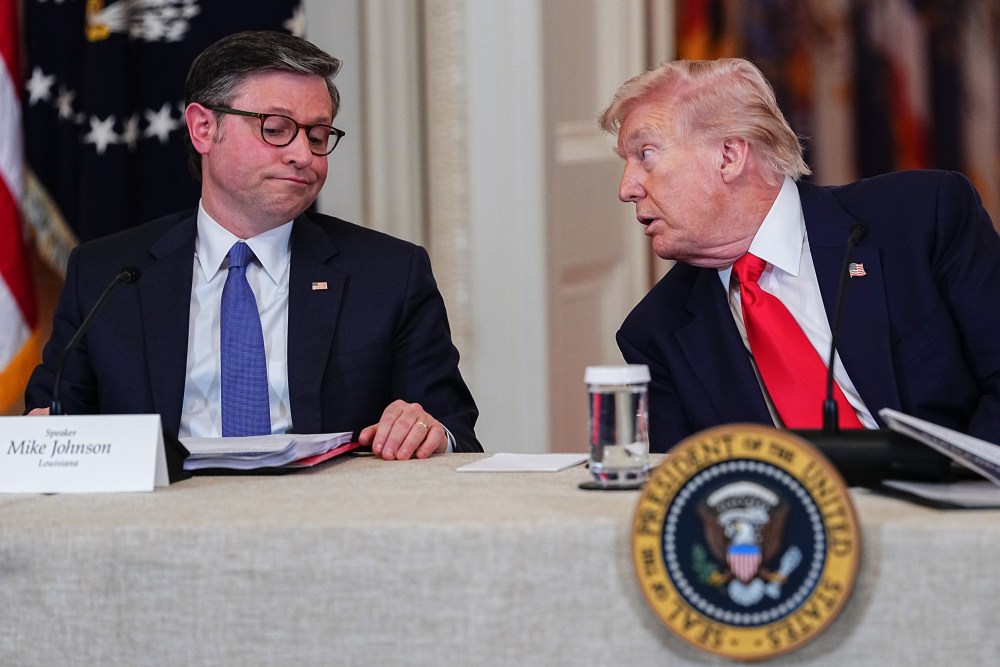 Mike Johnson, left, has a smirk on his face as Donald Trump speaks to him.