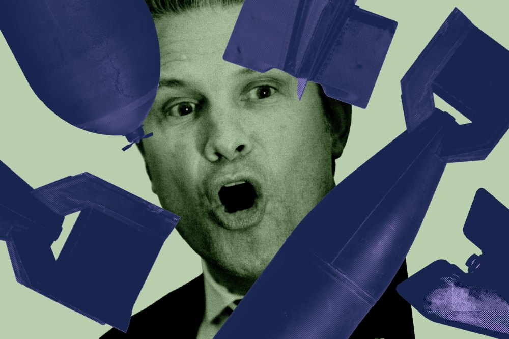 A closeup photo of Pete Hegseth surrounded by bombs